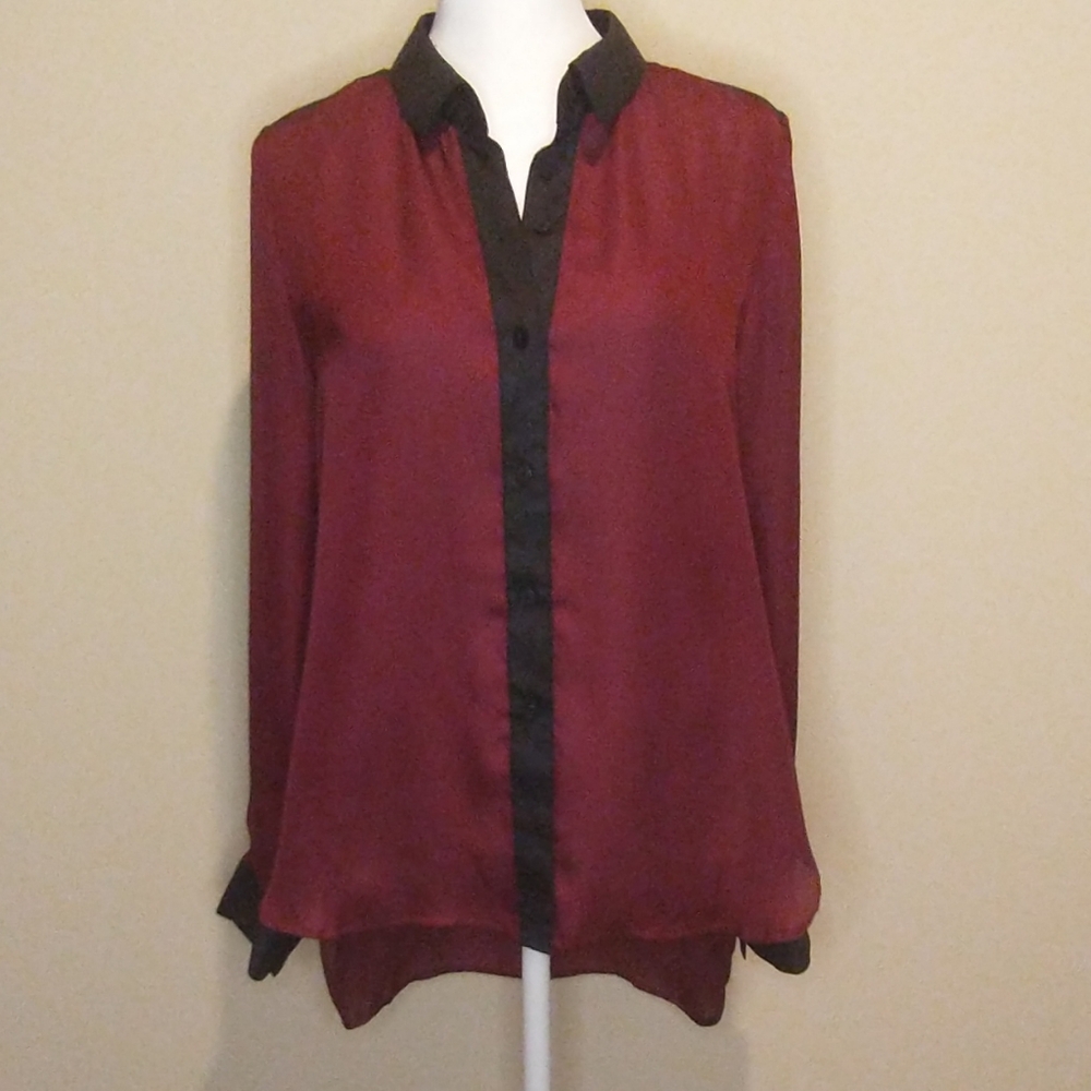Bongo Red  Satin Button Down Blouse with Black Accents